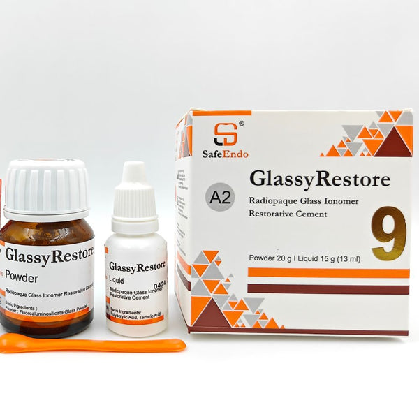 SafeEndo Glassy Restore Type-2 and Type-9 glass ionomer cement in A2 and A3 shades.