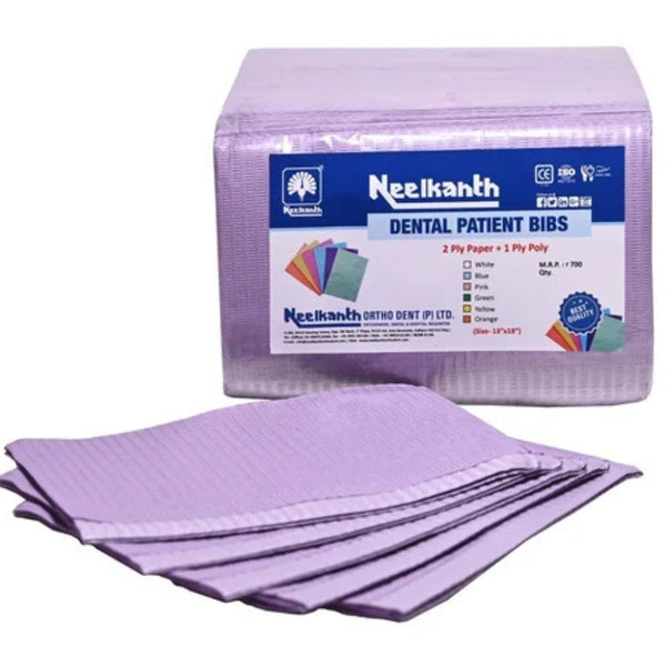 Neelkanth Dental Bibs 13"x18" Pack of 50 – 2-ply paper + 1-ply poly, absorbent and waterproof disposable bibs for dental patient protection.