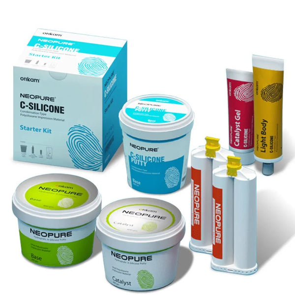 Orikam Neopure C-Silicone Kit – premium condensation type dental impression material with base, catalyst, and spoons for accurate prosthodontic procedures.