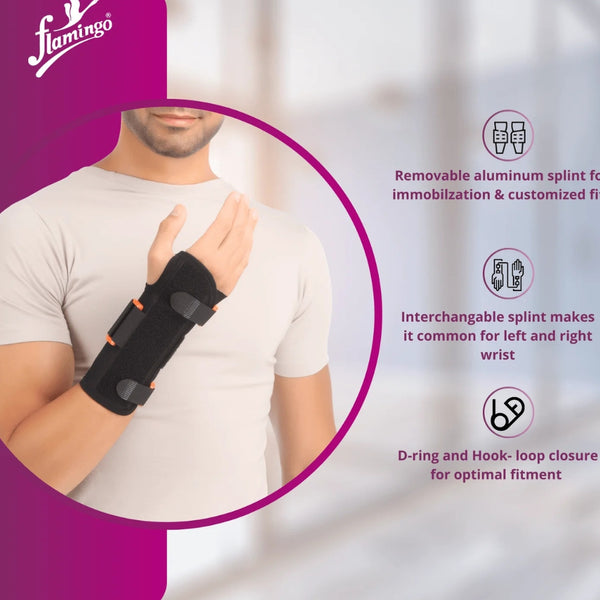 Orthopedic wrist and hand support brace immobilizing wrist in dorsiflexion while allowing full finger and thumb movement to relieve pain and inflammation.