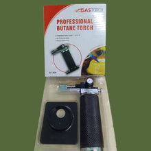Lightweight plastic blow torch with weighted base and metal lid
