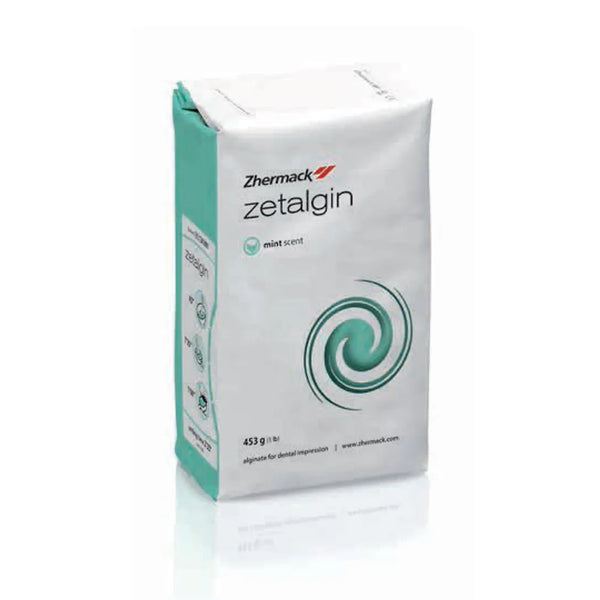 Zetalgin Chromatic mint-scented dental alginate impression powder.